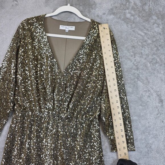 Trina Turk Dress Womens 10 Gold Sequin Blouson V Neck Dolman Sleeve Short Party - Picture 10 of 13